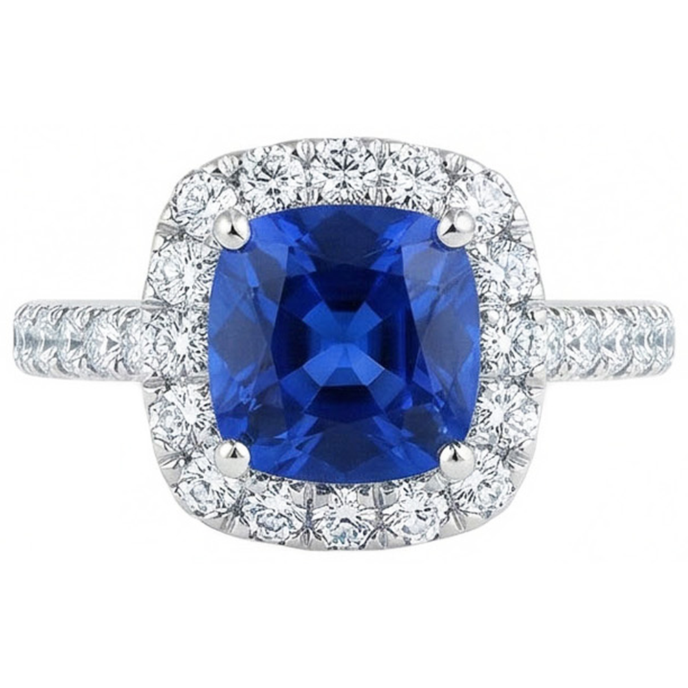 Cushion Ceylon Blue Sapphire With Natural Earth Mined Diamonds 2.50 Ct. Ring