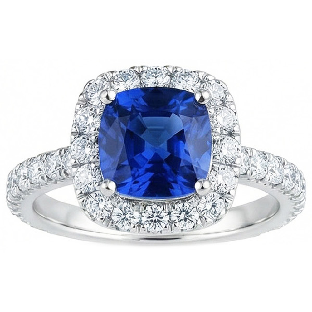 Cushion Ceylon Blue Sapphire With Natural Earth Mined Diamonds 2.50 Ct. Ring