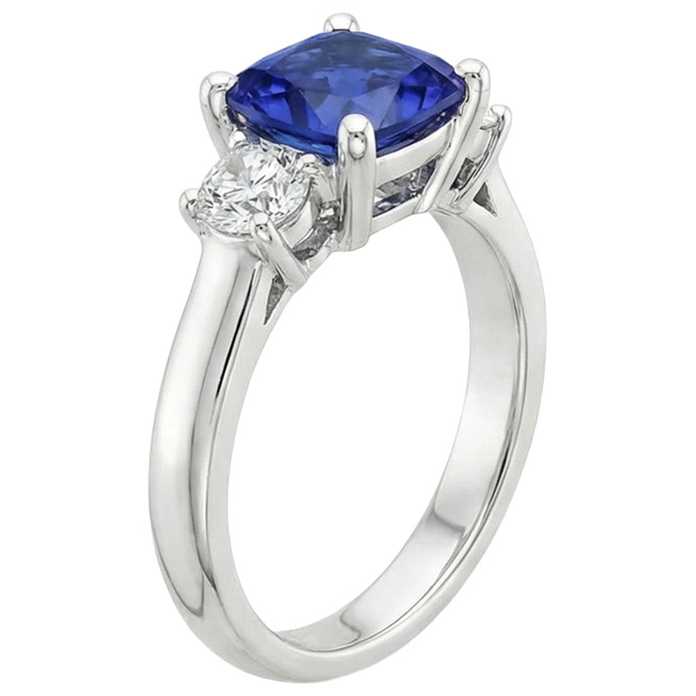 Cushion Ceylon Sapphire Natural Earth Mined Diamond 3 Stone Ring 3.25 Carats