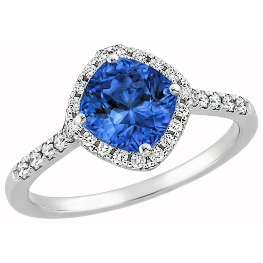 Cushion Cut Blue Sapphire & Round Natural Earth Mined DIAMOND ( NOT LAB GROWN ) Ring 3 Ct. White Gold 14K
