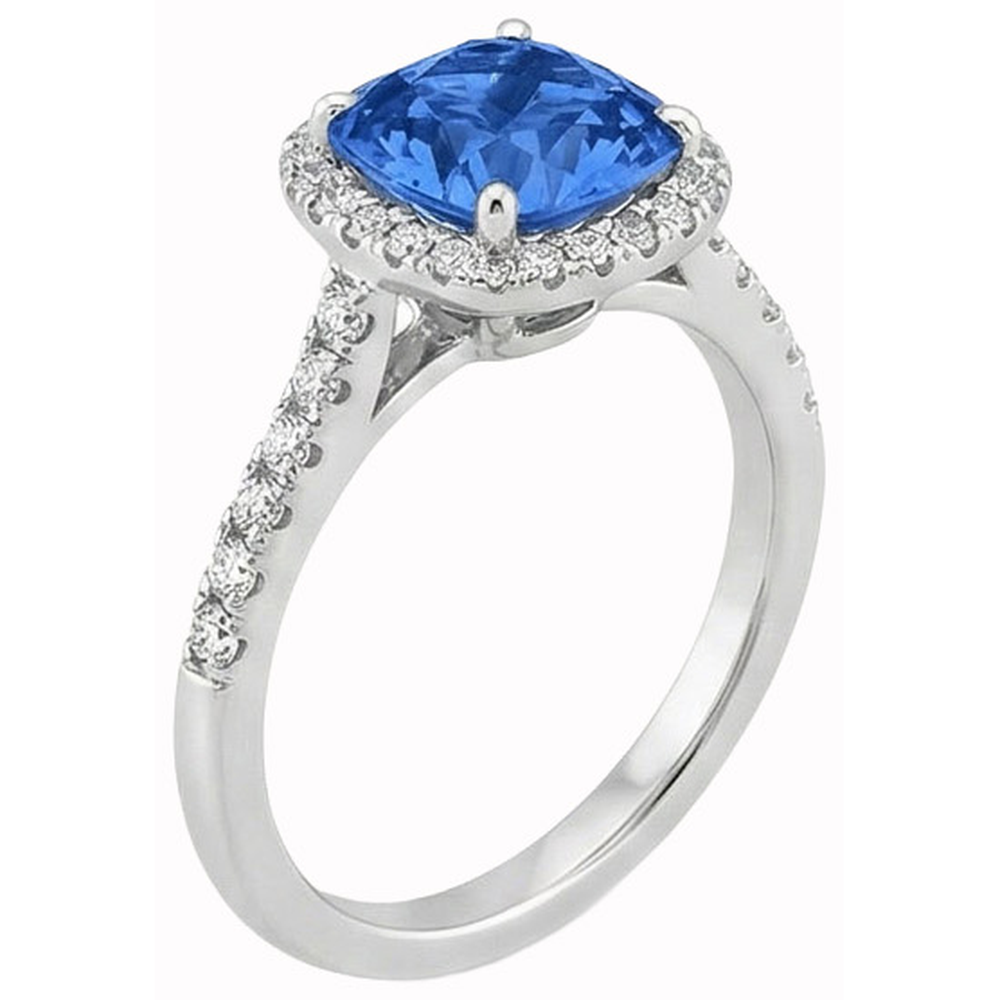 Cushion Cut Blue Sapphire & Round Natural Earth Mined DIAMOND ( NOT LAB GROWN ) Ring 3 Ct. White Gold 14K