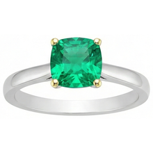 Fine Emerald Cushion Cut Precious Stone Ring in 14 Karat Two Tone Gold – angle view