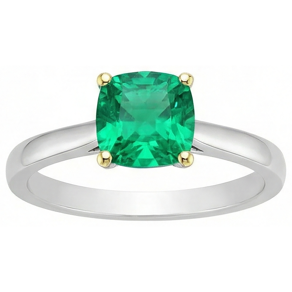 Fine Emerald Cushion Cut Precious Stone Ring in 14 Karat Two Tone Gold – angle view