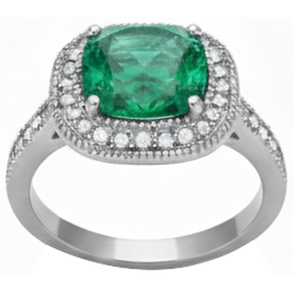 Cushion Cut Green Emerald And Natural Earth Mined Diamond Wedding Ring White Gold 14K 6.5 Ct
