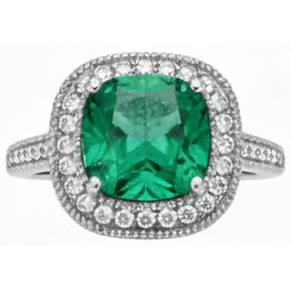 Cushion Cut Green Emerald And Natural Earth Mined Diamond Wedding Ring White Gold 14K 6.5 Ct