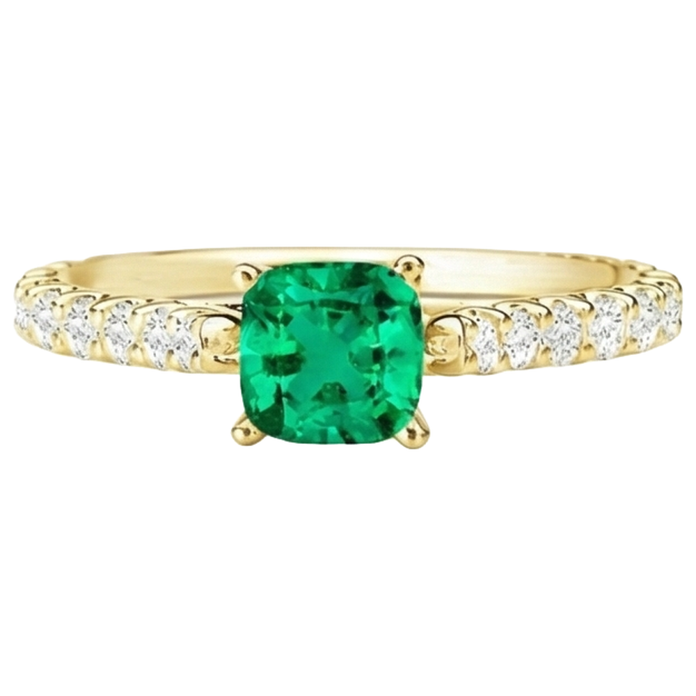 Cushion Emerald ring in 14 Karat Yellow Gold – front view