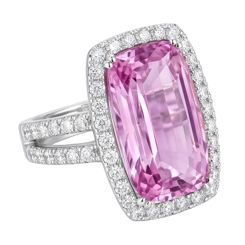 Cushion Cut Pink Kunzite 24.50 Ct Natural Earth Mined Diamond Ring White Gold Lady Jewellery