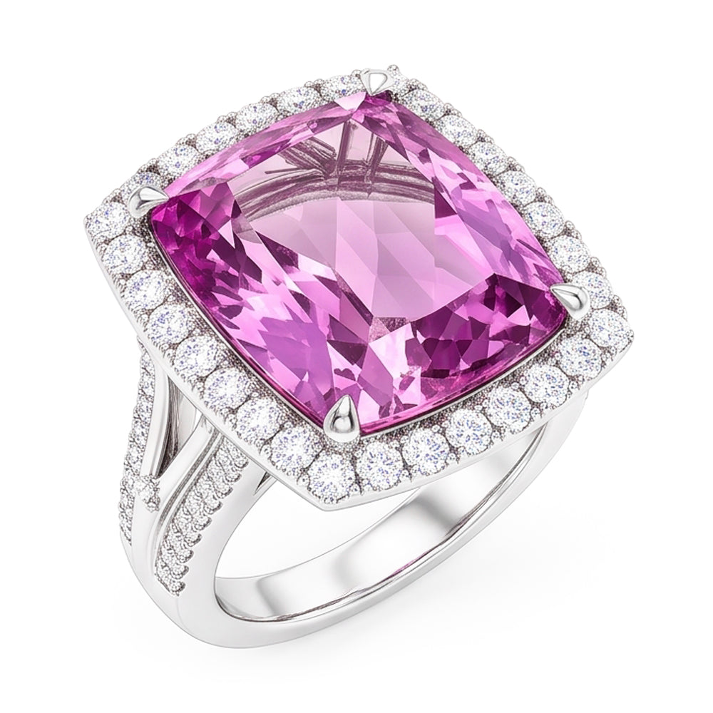 Cushion Cut Pink Kunzite Natural Earth Mined Diamond Fancy Ring 16.20 Carats White Gold