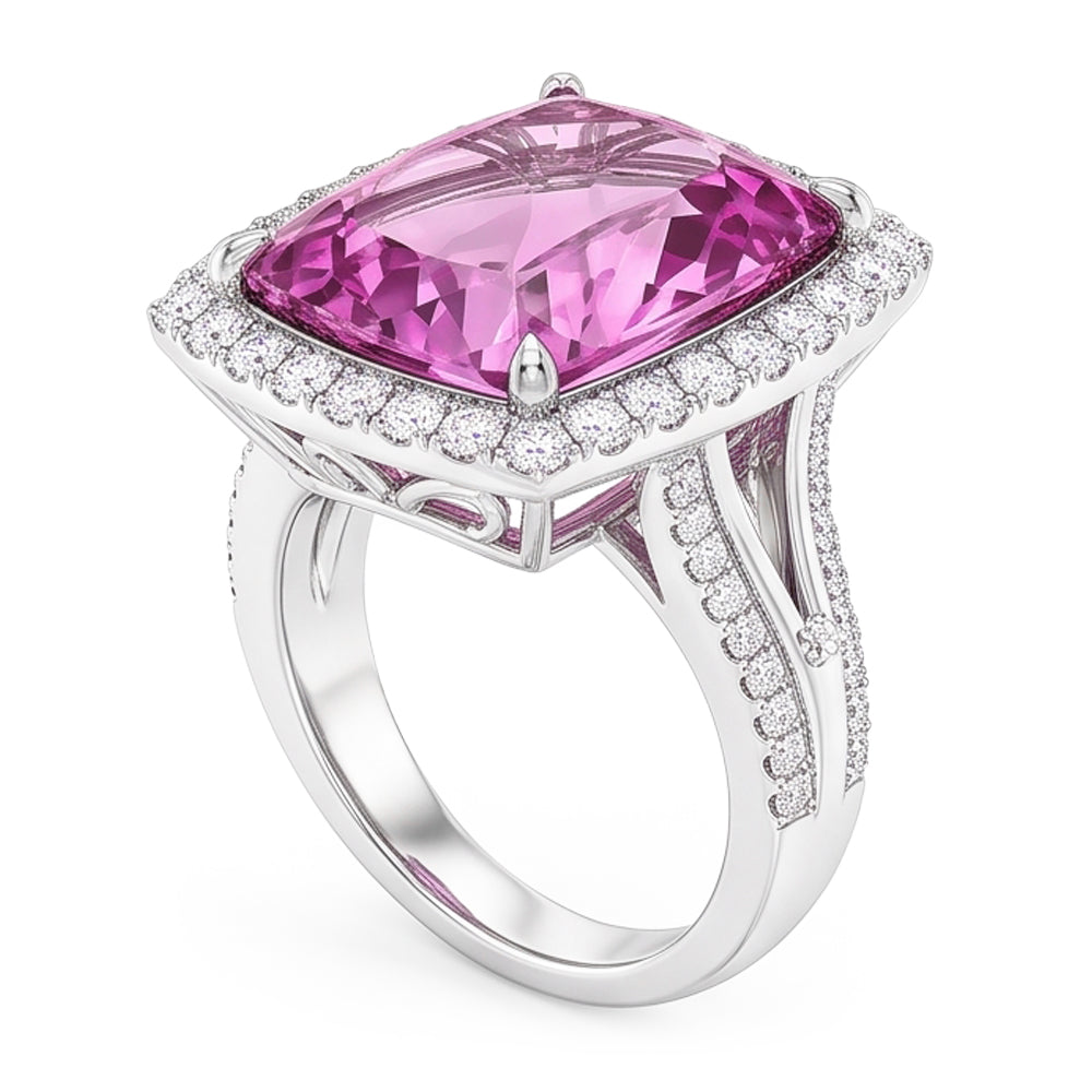 Cushion Cut Pink Kunzite Natural Earth Mined Diamond Fancy Ring 16.20 Carats White Gold