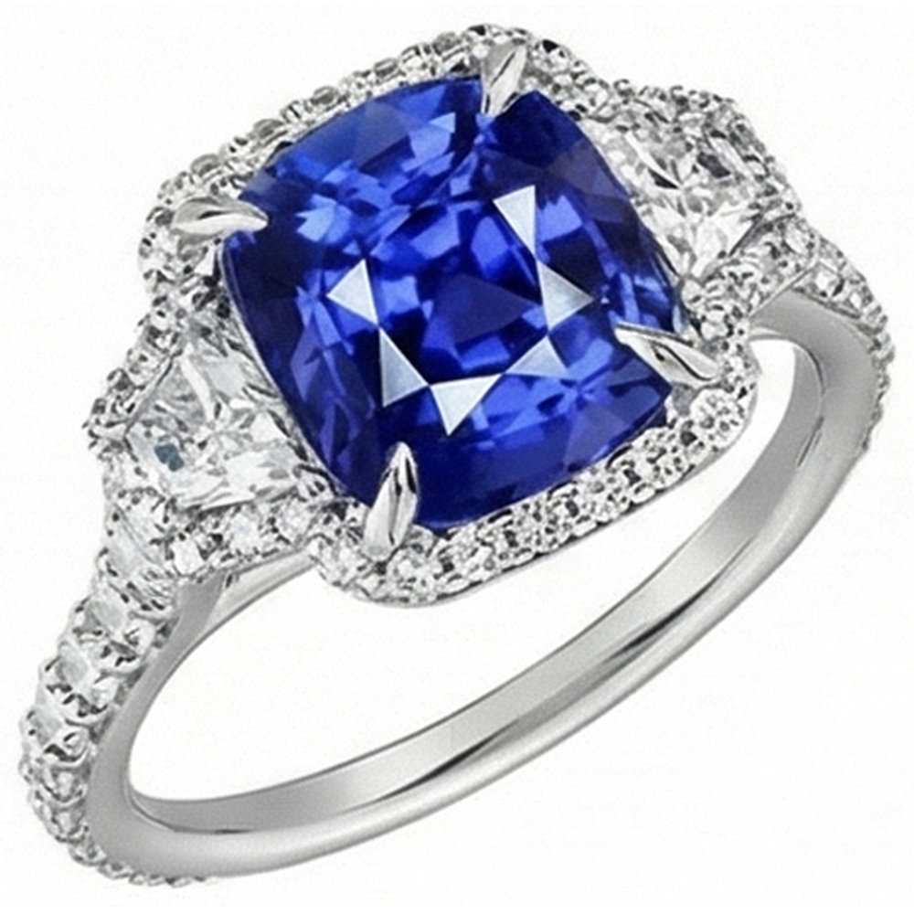 Cushion Cut Sapphire And Natural Earth Mined Diamond Halo Ring
