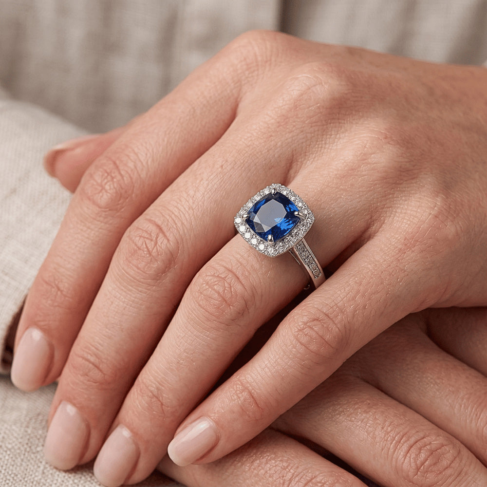 Cushion Cut Sapphire With Natural Earth Mined Diamond Wedding Ring 3 Ct. White Gold 14K