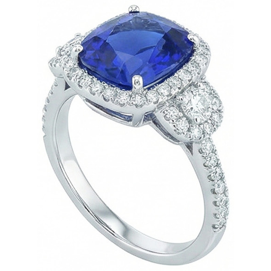 Cushion Cut Sri Lankan Sapphire Natural Earth Mined Diamond Ring White Gold 14K 5 Ct