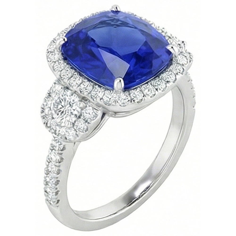 Cushion Cut Sri Lankan Sapphire Natural Earth Mined Diamond Ring White Gold 14K 5 Ct