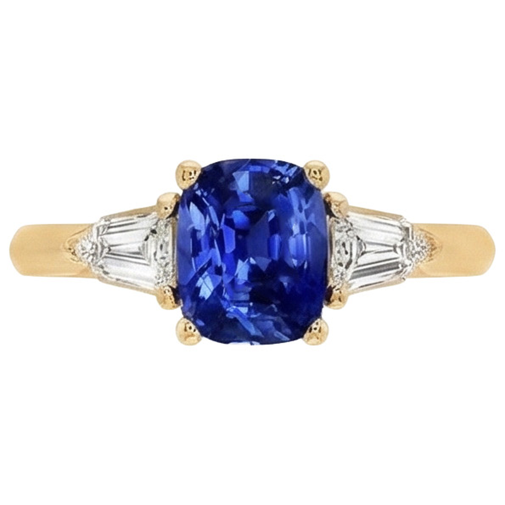 Cushion Deep Blue Ceylon Sapphire & Tapered Baguette Ring 9.50 Carats