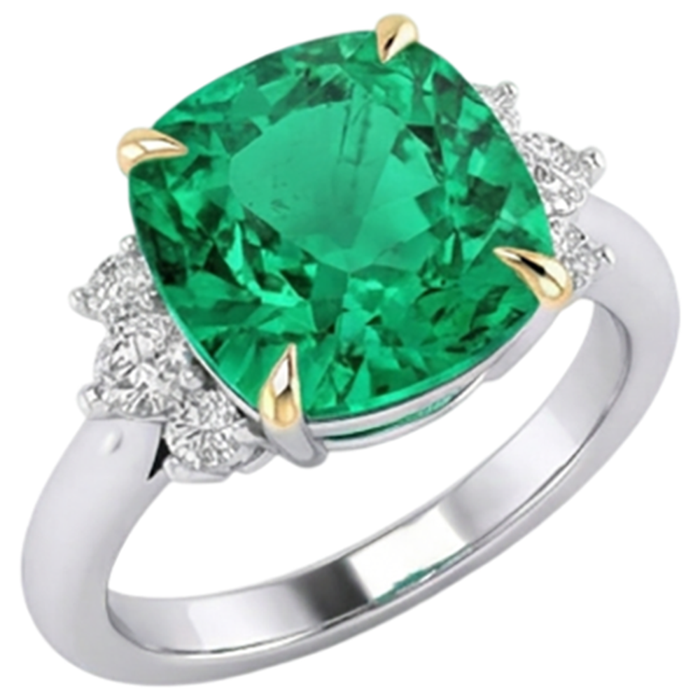 Emerald Cushion Gemstone Ring in 14K Two Tone Gold – side view