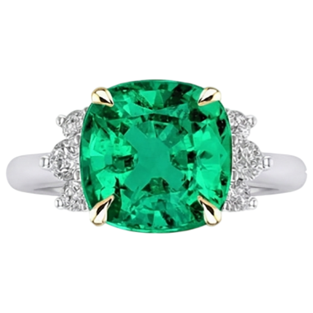 Emerald Cushion Gemstone Ring in 14K Two Tone Gold – front view