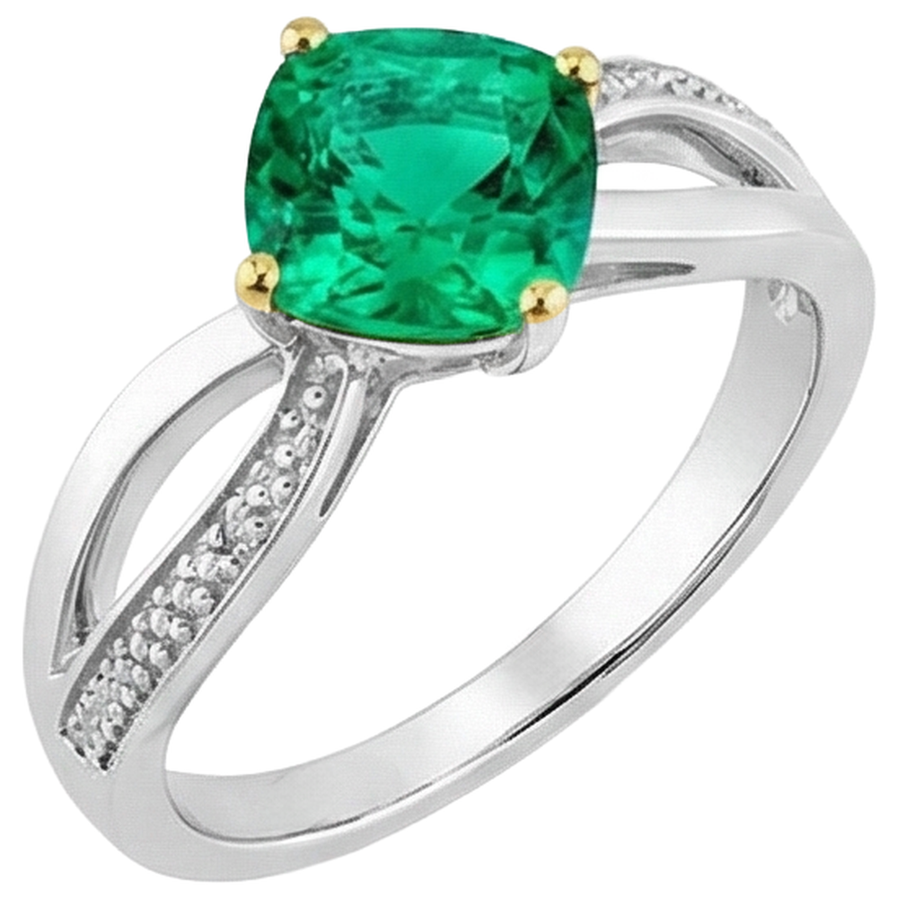 Cushion Emerald ring in 14 Karat Two Tone Gold – side view