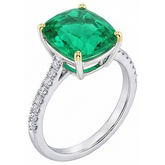 Authentic Colombian Emerald Precious Stone Ring 3.50 ct 14 Karat Two Tone Gold – front view