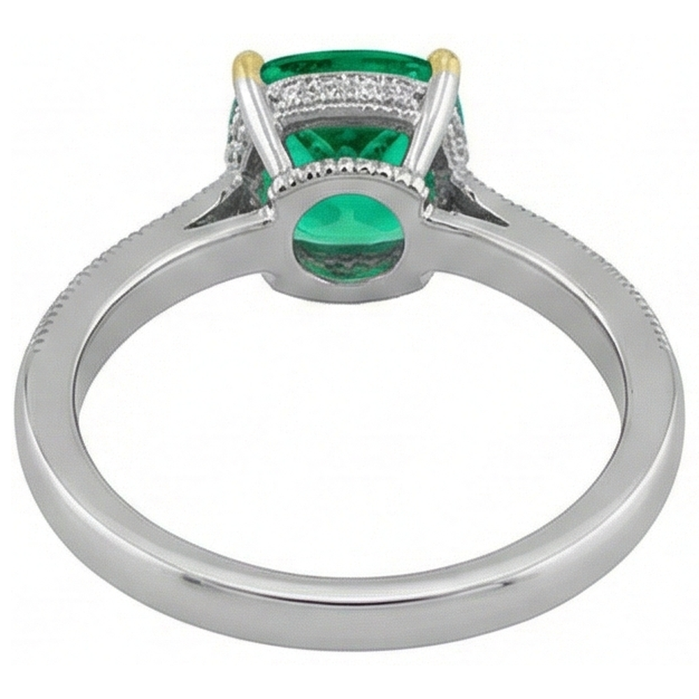 Emerald Cushion Cut Precious Stone Ring in 14K Two Tone Gold – back view