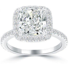 Cushion Halo Real Diamond Ring 4 Carats White Gold 14k