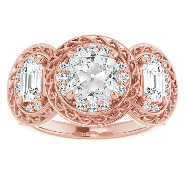 Cushion Halo Ring Old Mine Cut Real Diamond Prong Set Filigree 10.50 Carats