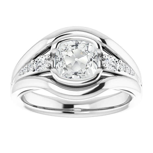 Cushion Old Cut Natural Diamond Ring Half Bezel Split Shank 4.25 Carats