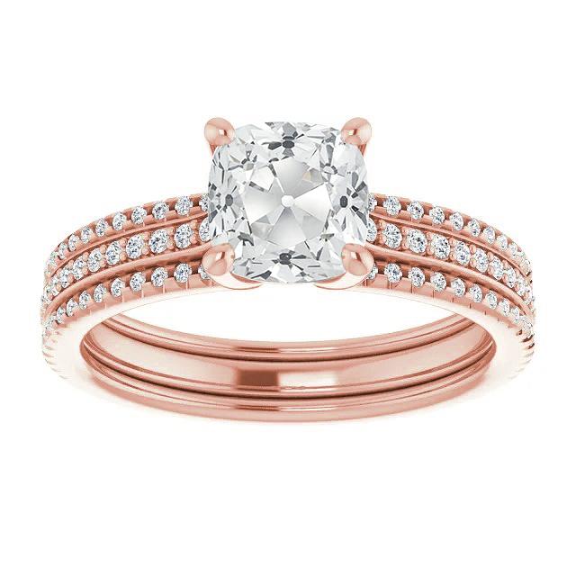 Cushion Old Cut Natural Diamond Wedding Ring Set Rose Gold 9.50 Carats