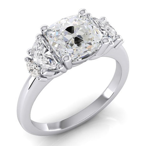 Cushion Old Cut Real Diamond Ring 4.50 Carats With Marquise & Half Moons
