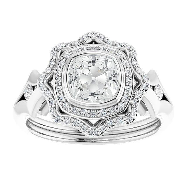Cushion Old Mine Cut Real Diamond Double Halo Ring Bezel Set 6.75 Carats