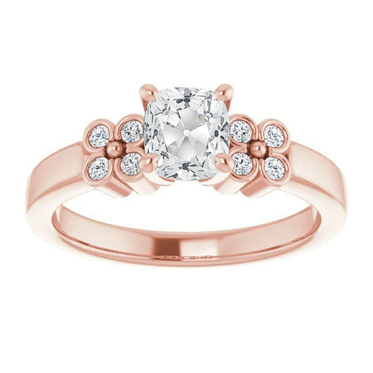 Cushion Old Mine Cut Real Diamond Wedding Ring Flower Style 4 Carats