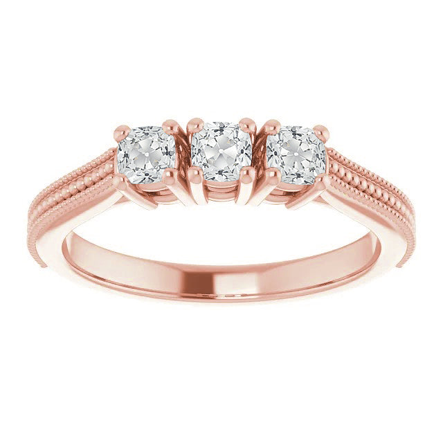 Cushion Old Miner Natural Diamond Ring 3 Stone Beaded Style 4.50 Carats Gold