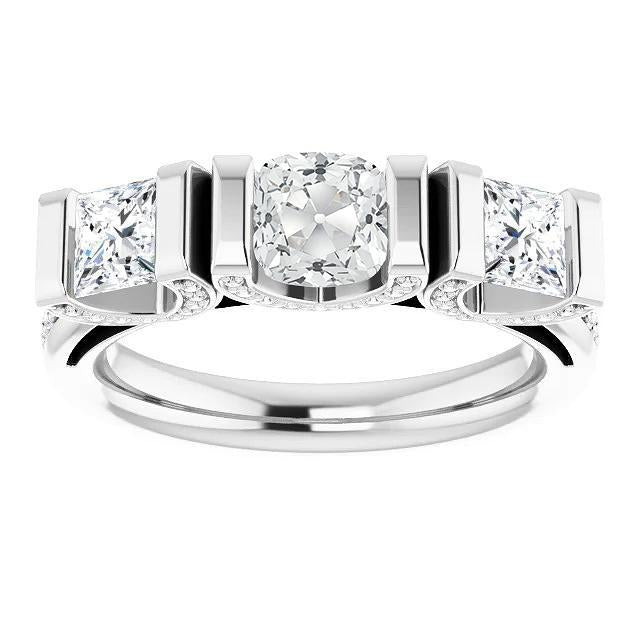 Cushion Old Miner Natural Diamond Ring 3 Stone Style Bar Set 9 Carats Gold 14K