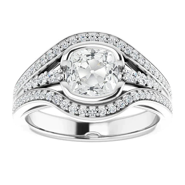 Cushion Old Miner Natural Diamond Ring Half Bezel Set 5.50 Carats White Gold