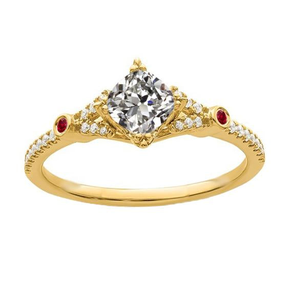 Cushion Old Miner Real Natural Earth Mined Diamond & Round Ruby Ring 3 Carats 14K Gold