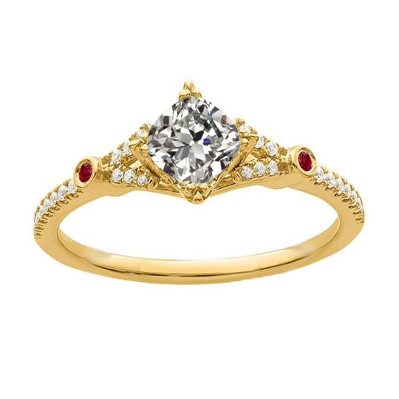 Cushion Old Miner Real Diamond & Round Ruby Ring 3 Carats 14K Gold