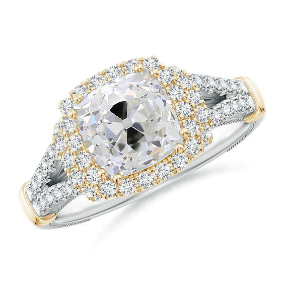 Cushion Real Diamond Halo Old Miner Ring 4 Carats Yellow & White Gold 14K