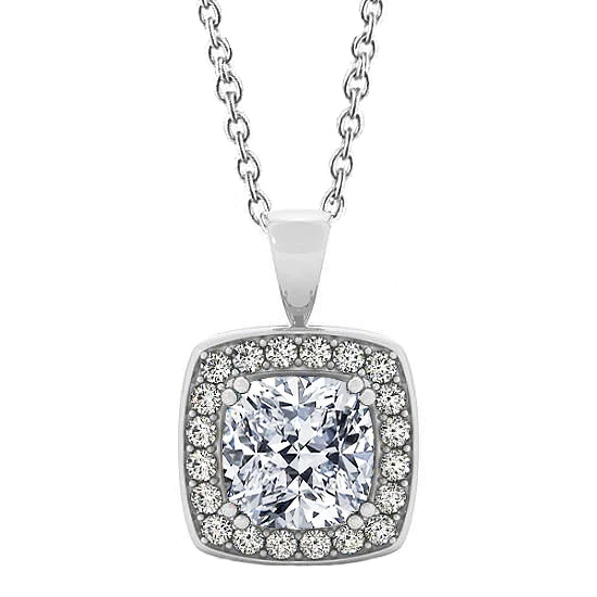 Cushion Real Diamond Pendant Necklace Without Chain 2 Carats 14K White Gold