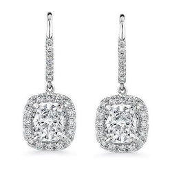 Cushion & Round 5 Carats Real Diamonds Dangle Earrings White Gold 14K