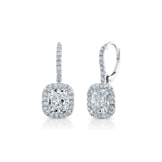 Cushion & Round Cut Real Diamond Dangle Earrings 3.10 Carat White Gold 14K