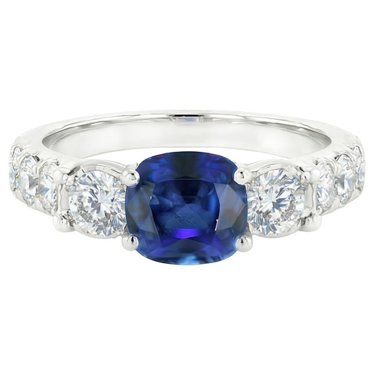 Cushion Sapphire Gemstone Ring Prong Set Round Natural Earth Mined Diamonds 2.50 Carats