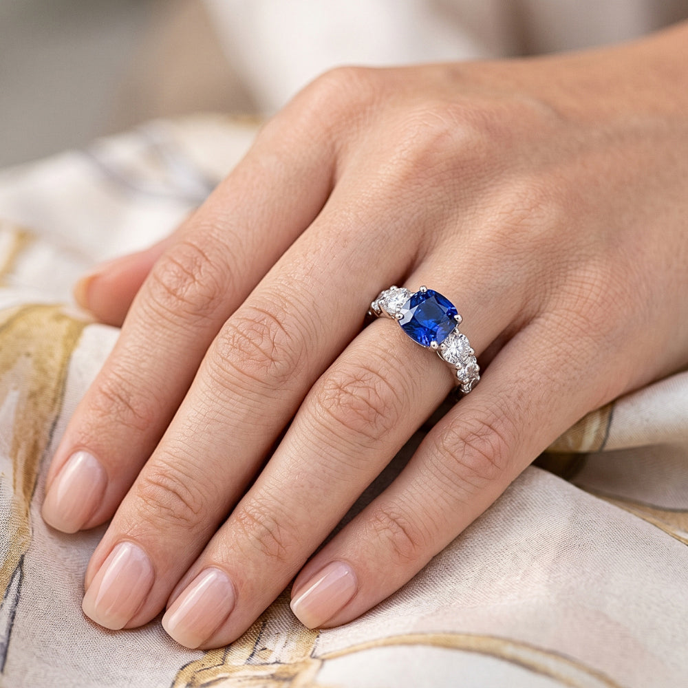 Cushion Sapphire Gemstone Ring Prong Set Round Natural Earth Mined Diamonds 2.50 Carats