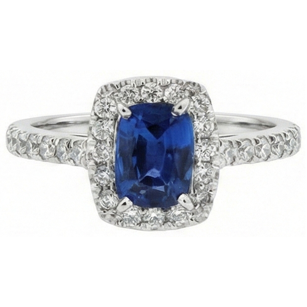 Cushion Sapphire With Round Natural Earth Mined Diamond 3.90 Ct. Ring White Gold 14K