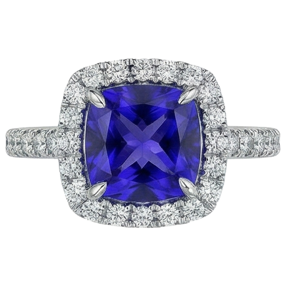 Cushion Shape 2.25 Carats Tanzanite With Natural Earth Mined Diamond Wedding Ring Jewellery