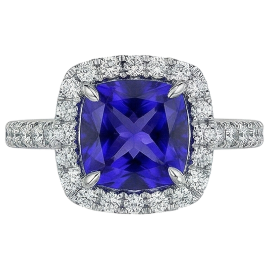 Cushion Shape 2.25 Carats Tanzanite With Natural Earth Mined Diamond Wedding Ring Jewellery