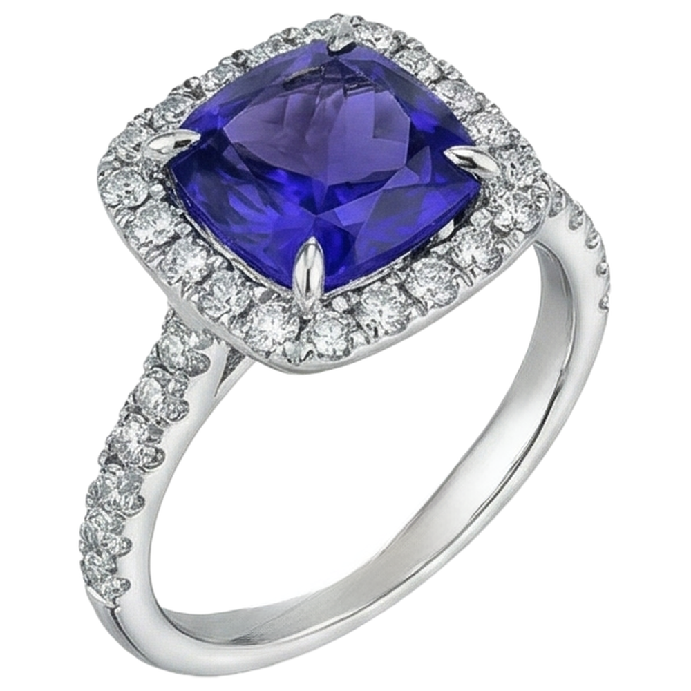 Cushion Shape 2.25 Carats Tanzanite With Natural Earth Mined Diamond Wedding Ring Jewellery