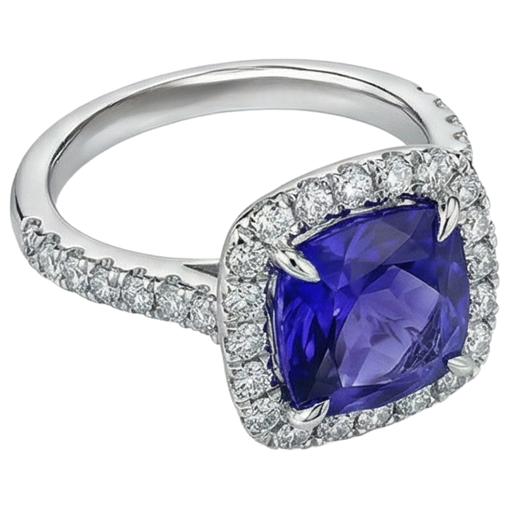 Cushion Shape 2.25 Carats Tanzanite With Natural Earth Mined Diamond Wedding Ring Jewellery