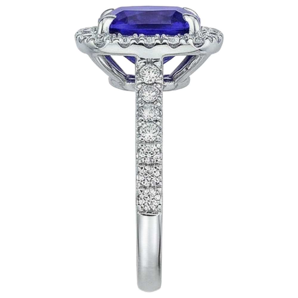 Cushion Shape 2.25 Carats Tanzanite With Natural Earth Mined Diamond Wedding Ring Jewellery
