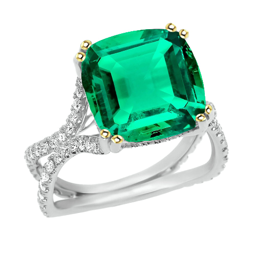 Emerald Cushion Cut Gemstone Ring in 14 Karat Two Tone Gold – main view