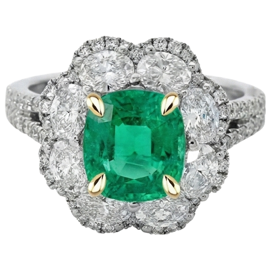 Earth-Mined Colombian Emerald Precious Stone Ring 2 ct 14 Karat Two Tone Gold – front view
