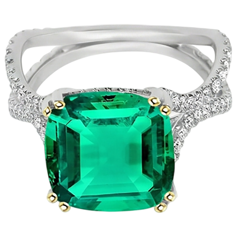 Emerald Cushion Cut Gemstone Ring in 14 Karat Two Tone Gold – front view